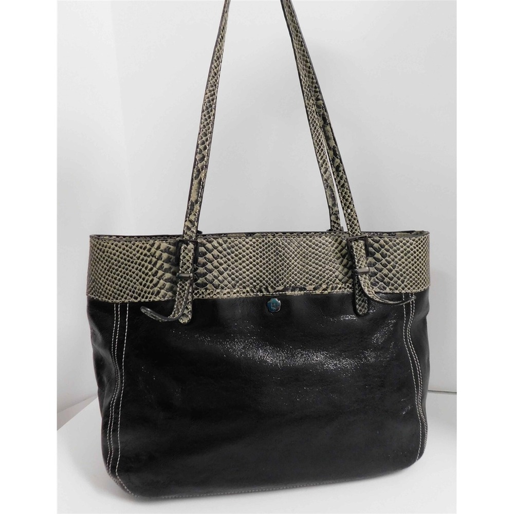 Eric Javits Black Krinkle Patent Leather Snake Embossed Large Tote Shoulder Bag